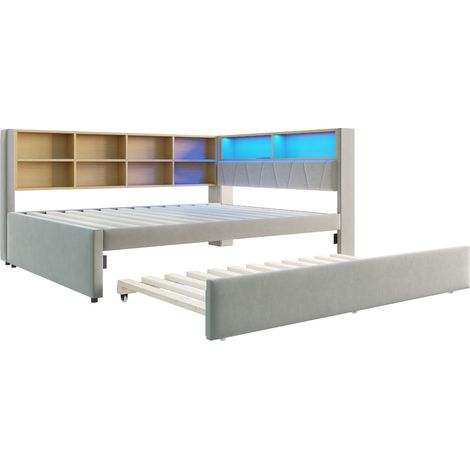 Letto divano multifunzione 140x200 con letto estraibile 90x190, LED, prese, grigio chiaro (1/5)