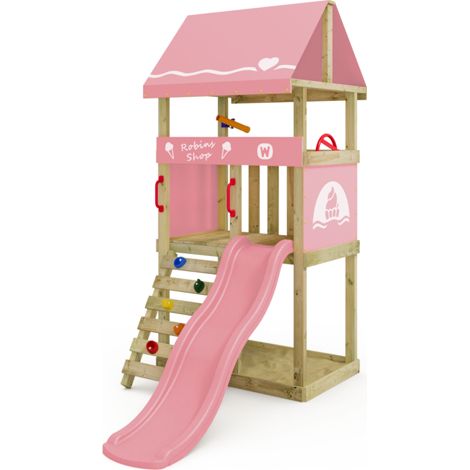 Parque infantil de madera Wickey DinkyHouse con Tobogan y Arenero para niños pequeños en rosa claro