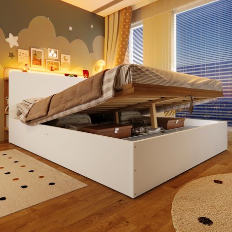 REDOM Lit coffre 140x200 cm avec rangement hydraulique, pin, blanc et naturel (Sans matelas) (1/5)
