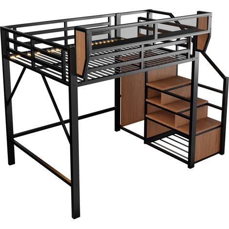 Lit mezzanine enfant 140x200 cm avec led rangement flexible - métal - noir (1/5)