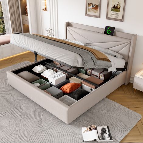 Lit double 180x200 cm beige avec tête de lit géométrique, USB Type C et coffre de rangement (1/5)