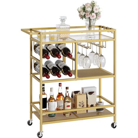 Chariot Ménager, Desserte de Service Roulant à 3 Niveaux avec Poignée, Chariot à Boissons avec Porte-Verres et Porte-Bouteilles, pour Cuisine, Salle à Manger, Or ARCJ61B01 (1/5)