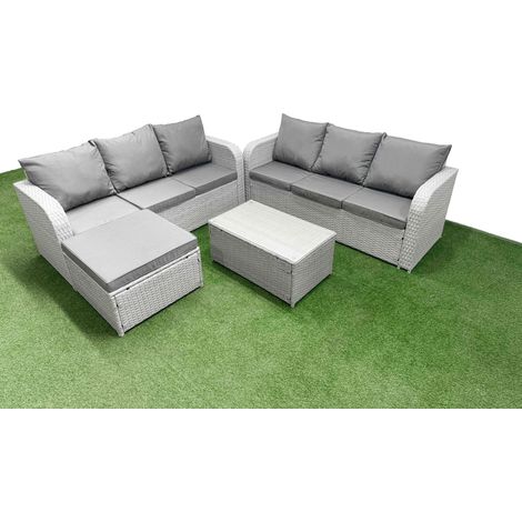 Fimous Outdoor Garden Furniture Sets 7 Seater Wicker Rattan Furniture Sofa Sets with Rectangular Coffee Table high Back Lounge Sofa Big Footstool Light Grey (1/4)