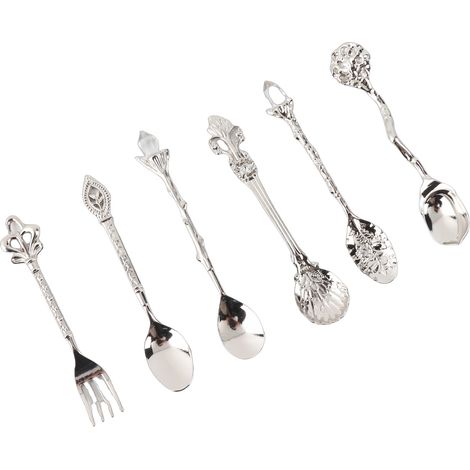 Ensemble de 6 cuillères et fourchettes en alliage de zinc style rétro vintage innovant, couleur argent (manche de fourchette en forme de couronne). (1/5)