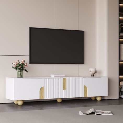 Meuble TV 180 cm Blanc et Bois avec 4 Portes Plateau Effet Marbre et Pieds Boules -PANGIVO (1/5)