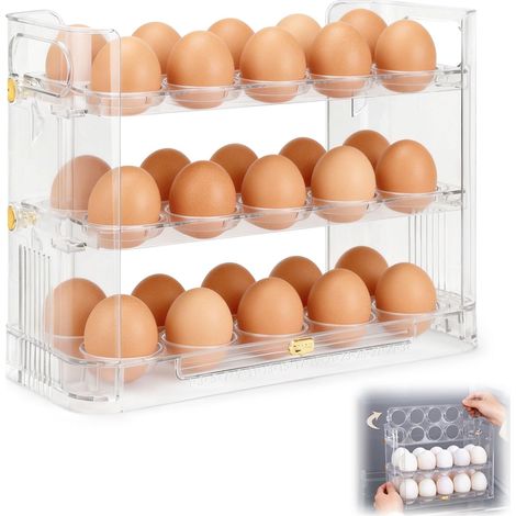 Porte-œufs rabattable pour réfrigérateur et comptoir, organiseur transparent de 30 œufs pour porte de réfrigérateur avec barre de date coulissante, plateau à 3 niveaux pour économiser de (1/5)