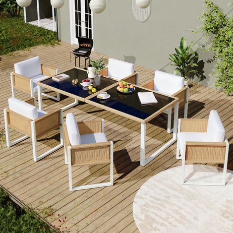 Salon de jardin repas en résine tressée marron et tissu blanc, table 170x80 cm avec 6 chaises, verre trempé (1/5)