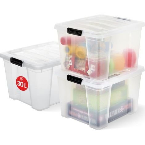 Boite Rangement Plastique avec Couvercle, 30L, Lot de 3, Transparent, Clips de Fermeture, Poignée, Empilable, pour Chambre, Dressing, Bureau, Sans BPA, Caisse de Rangement, Bac, HB-30 (1/5)