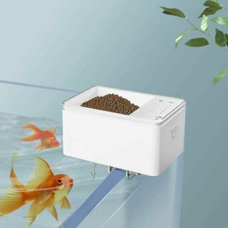 Distributore automatico di mangime per pesci con timer digitale intelligente. Capacità di 70 ml, funzionamento a batteria, ideale per acquari e laghetti.