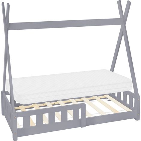 ML-Design Kinderbett Tipi 70x140 cm Hellgrau mit Matratze, Rausfallschutz & Lattenrost, aus Kiefernholz, Indianer Bett für Mädchen & Jungen, Hausbett mit Zaun, Bodenbett Jugendbett Spielbett Holzbett