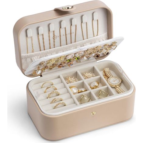 Boite a Bijoux Voyage, Rangement Bijoux,Rangement Maison pour Bijoux Double couche Petite Boite avec du Style, Idée Cadeau Femmes et Filles, pour bagues boucles d'oreilles, colliers,Café au Lait (1/5)