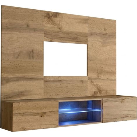 Ensemble meuble TV mural Switch PR3 avec vitrine et éclairage LED - Bois MDF chêne Wotan - 180 x 148 x 40 cm - Livraison gratuite (1/2)
