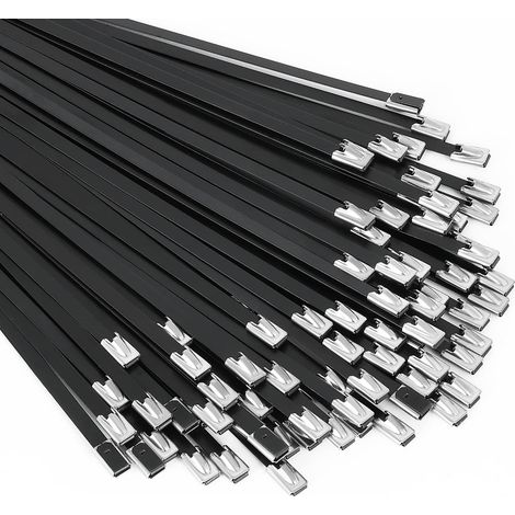 Schwarze Metall-Kabelbinder mit Reißverschluss, 100 Stück, 11,8 Zoll, Edelstahl 304, epoxidbeschichtet, vielseitig einsetzbare selbstsichernde Kabelbinder für Maschinen, Fahrzeuge, Landwirtschaft, Kab