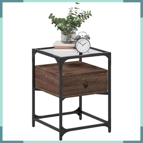 Table de chevet - 846082 - chêne marron - 40 x 40 x 55 cm - dessus verre transparent (1/5)
