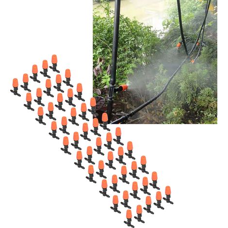 50 raccords en T avec buses de micro-atomisation réglables orange pour l'irrigation de jardin et de serre (1/5)