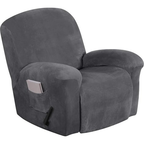 Housse extensible Merek pour fauteuil inclinable, housse en velours pour grand fauteuil inclinable, protection pour meubles avec bas élastique, 1 pièce avec poche latérale (Inclinable, Gris) (1/5)