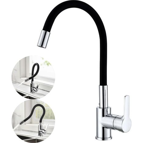 Flexible Kitchen Faucet with High Swivel Spout, Flexible Sink Mixer Tap, Chrome and Black Single Hole Sink Tap with Hot and Cold Water (Flexible Hose)