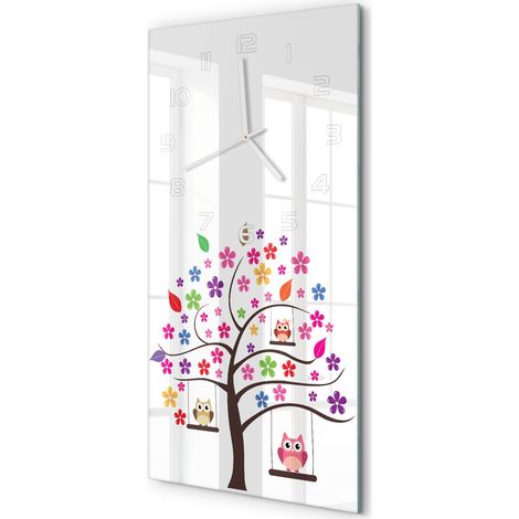 Horloge Murale Rectangulaire Verticale Lecture Facile Verre Moderne Hiboux sur des balançoires 30x60 cm (1/5)
