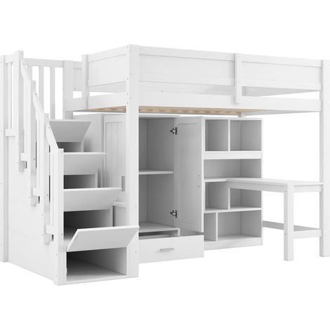 Hochbett 90 x 200 cm mit Schreibtisch, Regal, Schrank, Stauraumtreppe und LED, weiß (1/5)