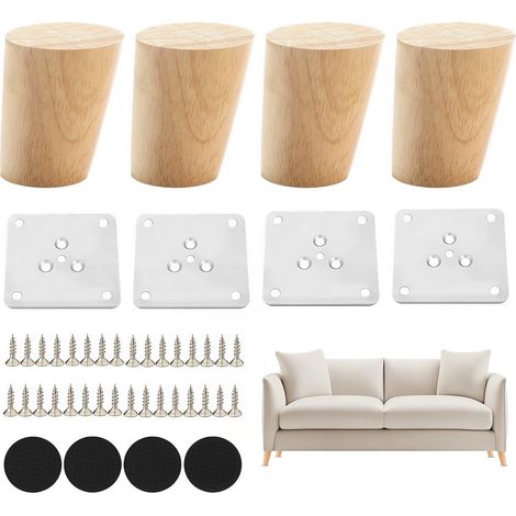Lot de 4 pieds de meubles en bois - 6 cm - Pieds coniques de rechange - Avec plaques de montage et vis - Pour canapé, lit, armoire, chaise, table - Couleur bois (4, inclinés - 6 cm) (1/5)