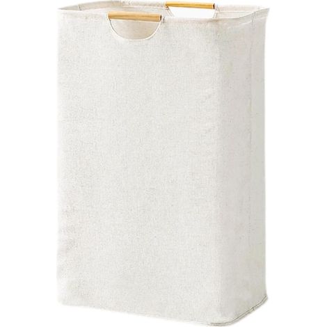 Cesto portabiancheria pieghevole in tessuto Oxford intrecciato, bianco, 39 x 53 x 27 cm, con manico in legno, grande, per camera da letto, bagno, dormitorio