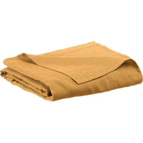 Drap plat bicolore en 100% lin lavé réversible coloris ocre et naturel 240 x 300 cm - PANGIVO