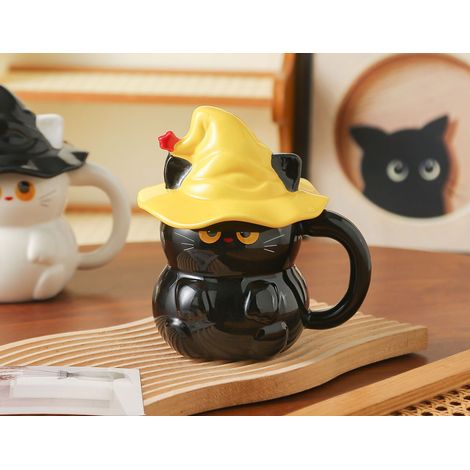 Mug en céramique avec couvercle, motif chat fantôme noir d'Halloween, 500 ml, tasse à café chat chapeau magique, cadeau original et mignon pour les couples. (1/5)