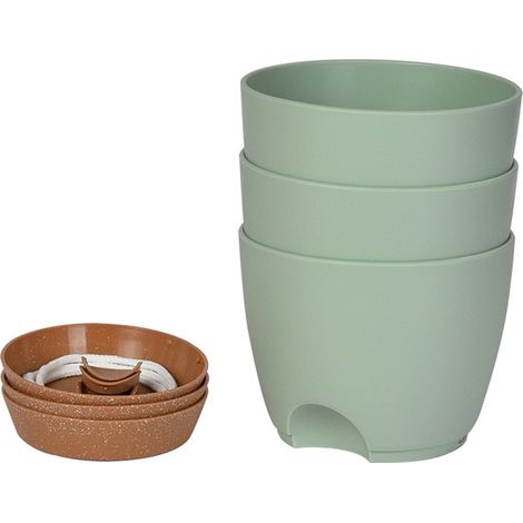 Pots de fleurs en plastique avec soucoupes, lot de 3, adaptés à une utilisation intérieure et sur balcon. (1/5)