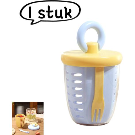 Coupe à fruits 1 pièce Saladier avec fourchette et cuillère Boîte de pique-nique double paroi avec système d'égouttage et de conservation des aliments Pratique pour les pique-niques Couvercle jaune bo (1/5)