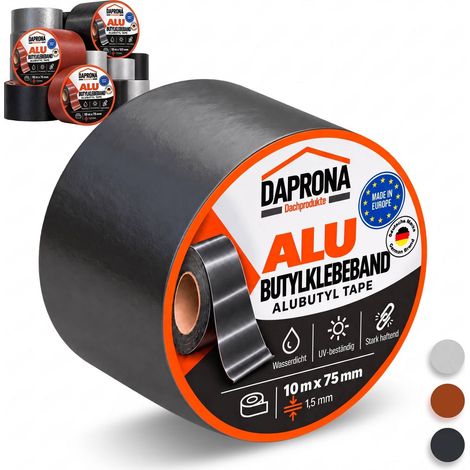DAPRONA Butylband, Panzertape, Dichtungsband Alu, Reparaturband, Dichtband Fenster Dachrinne, wasserfest, hitzebeständig - 10m x 75mm 1 Stück Schwarz (1/5)