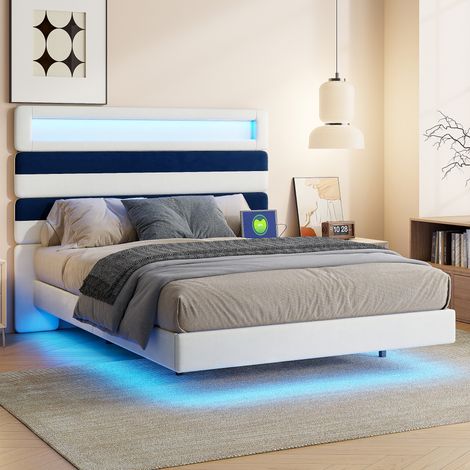 Letto 140 x 190 con sommier, Letto 140 x 190, Letto matrimoniale 140x190, Letto 140, Design moderno con LED integrati e funzionalità USB, Beige, Blu