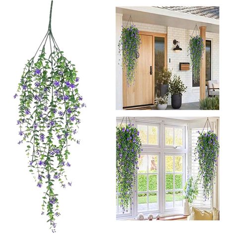 3 x plantes artificielles suspendues, plantes artificielles suspendues, 75 cm, fleurs artificielles violettes, adaptées au jardin, décoration murale (1/5)