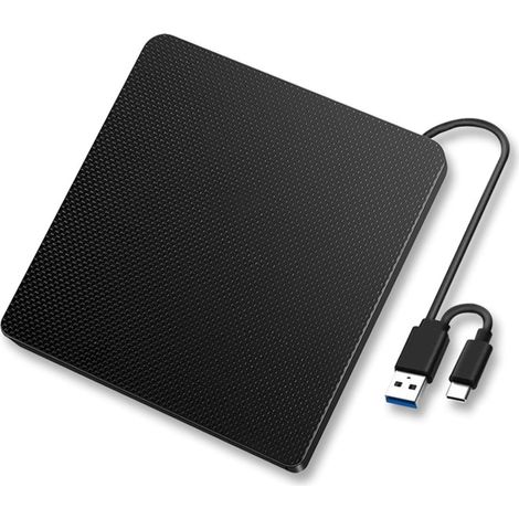 Lecteur de CD DVD Externe Portable, 2 en 1 USB 3.0 et Type-C - Graveur de CD Optique pour Windows Linux Mac OS - Compatible avec 2019, 2020 (Noir) (1/5)