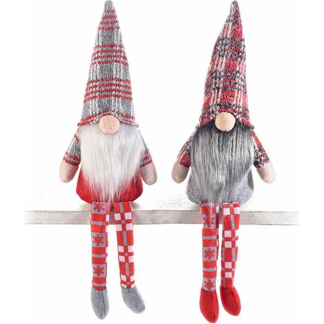 Gnome Père Noël à longues jambes en feutrine avec détails fausse fourrure, lot de 4, 10x8x H. 25 cm (bonnet déplié)