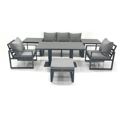 Fimous Outdoor Aluminium Garden Furniture Set with Adjustable Rising Lifting Dining Table 3 Seater Sofa 2 Chair Big Footstool 2 Side Tables Dark Grey (1/5)