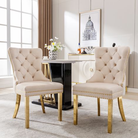 Stuhl Esszimmerstuhl Polster Samt Beige Vergoldet OKMYHOME (1/5)