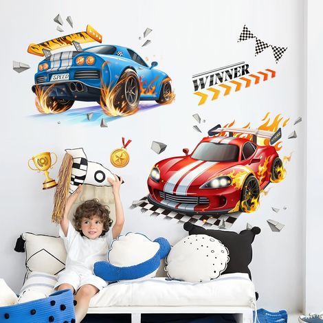 2 Grandes Stickers Muraux 3D Voitures de Course Autocollant Murale Véhicules Trophées Vinyle Amovible Art Mural pour Chambre de Garçons Chambre d'Enfants Salle de Jeux Décoration Murale (1/5)