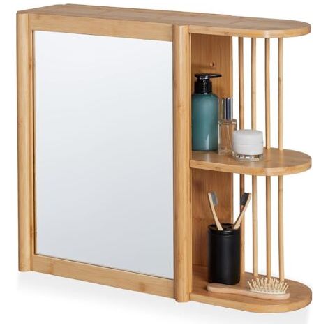 Étagère Salle de Bain en Bambou, avec Miroir, Design Semi-Ouvert, à Suspendre, HLP 53x62x20 cm, Nature (1/4)