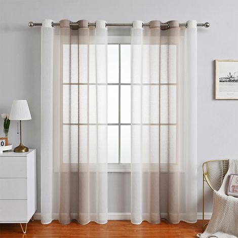 Rideaux Voilage à Rayures, Voilages Intérieurs avec Oeillets, Beaux Voile Rideau Voilage Fenetre Chambre, Lot de 2 Transparent Rideaux Salon - brun 132x160 (1/5)