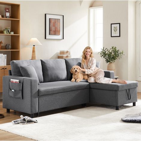 Canapé convertible avec méridienne en lin gris foncé 219,5x142,5x83 cm, rangement et méridienne réversible (1/5)