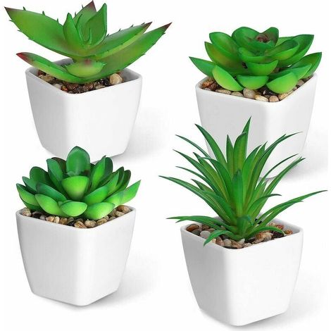 royaluxe -Lot de 4 Mini Plantes Succulentes Artificielles en Pots, Mini Faux Plantes Succulentes, Petite Plante Succulentes en Plastique avec Pot pour Bureau Salon Décoration de la Maison (1/5)