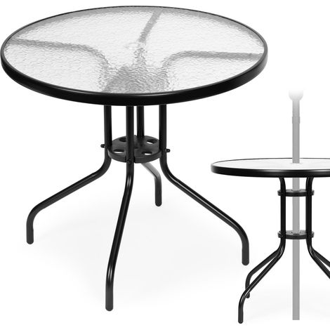 Mesa de jardín redonda 80 cm, para terraza, jardín, balcón, cristal templado, hueco para sombrilla, MultiGarden