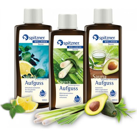 Spitzner Saunaaufguss Set Vital & Frisch 3x 190 ml Citrus-Mint, Lemongras, Grüntee-Avocado (1/4)
