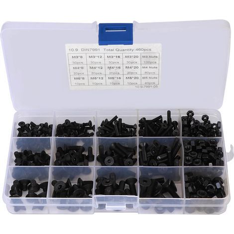 Set of hex socket screws, black flat head nuts, carbon steel combination, boxed M3 M4 M5, 460 pieces (1/5)