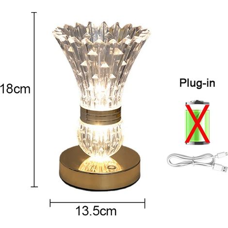 Lampe de table vase cristal LED (à brancher), chargement USB, interrupteur tactile, variateur trois couleurs (1/5)