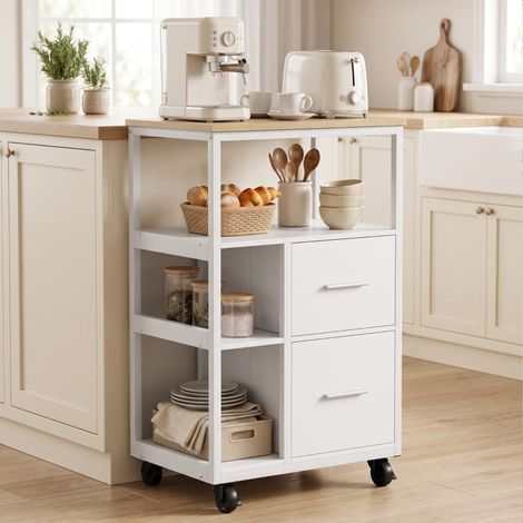 MODFU – Carrito de cocina con ruedas 53x37x89 cm con 2 cajones, hueco abierto y 4 ruedas, aglomerado – Blanco (1/5)