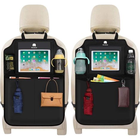 Organisateur de voiture 2 pièces, protecteur de siège pour bébé et enfant, tapis anti-coup imperméable avec plusieurs poches de rangement et support transparent pour tablettes, noir (1/5)