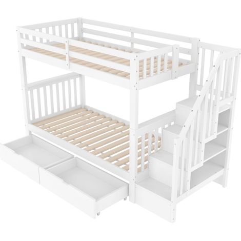 CAIziLit superposé 90x200, escalier rangement, 2 tiroirs, EN747-1, blanc (1/5)