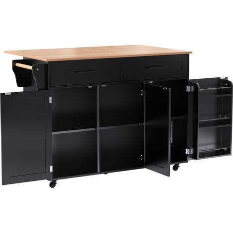 Meuble roulant de salle à manger noir 129x46(71)x91,5cm, buffet en bois massif avec plan de travail rabattable, rangement à porte, pieds en bois massif avec roulettes, idéal pour la maison. (1/5)