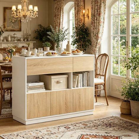 Buffet de Cuisine 100x40x80cm - Sideboard avec Porte en Acrylique et Compartiment Ouvert - Polyvalent - Chêne Clair et Blanc (1/5)